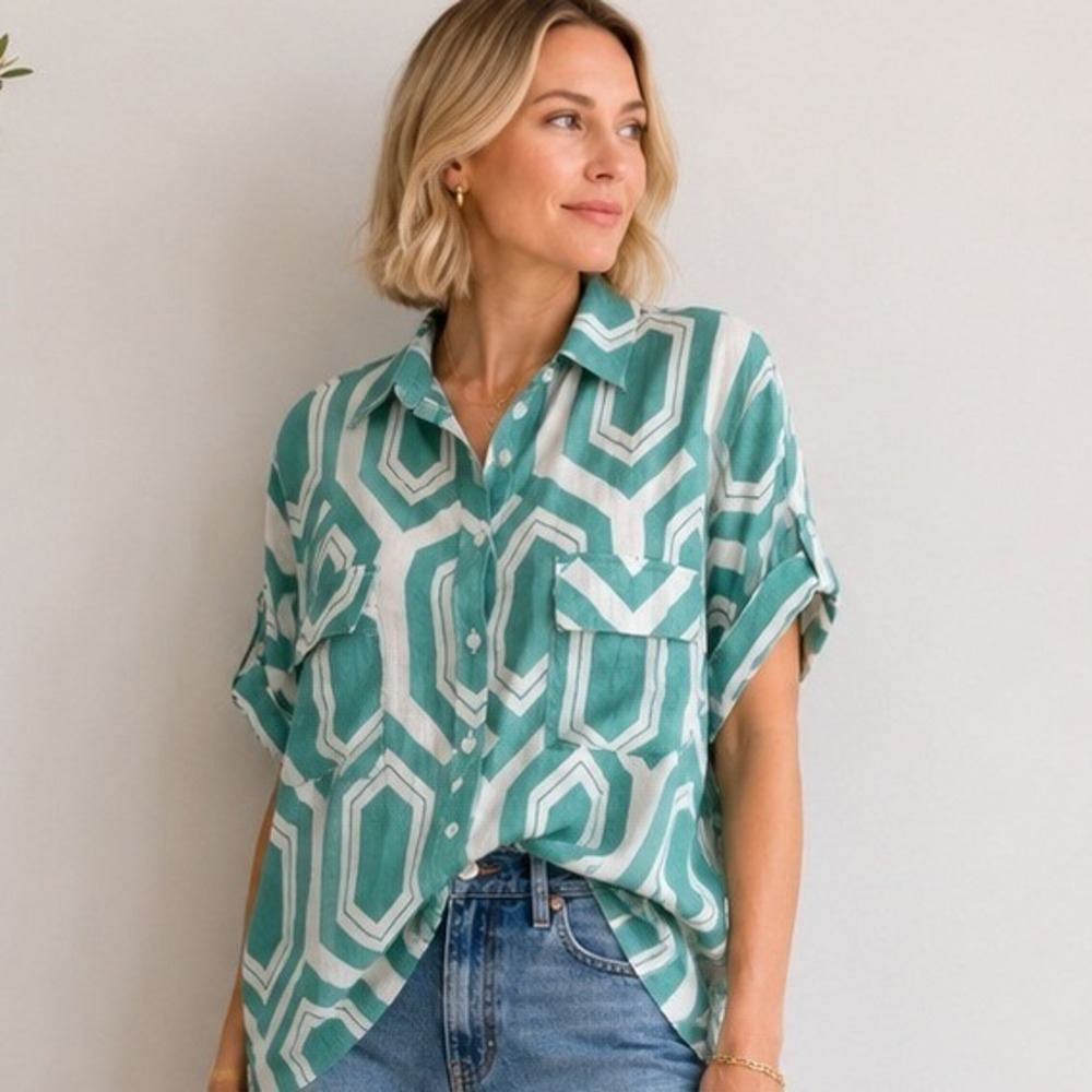 Alex & Parker Green Geometric Hexagon Button Down Shirt Top Womens Large